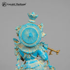 Brass Krishna Statue with Turquoise Antique Finish | Flute Playing Krishna Murti | Hindu God Idol for Home Temple Decor