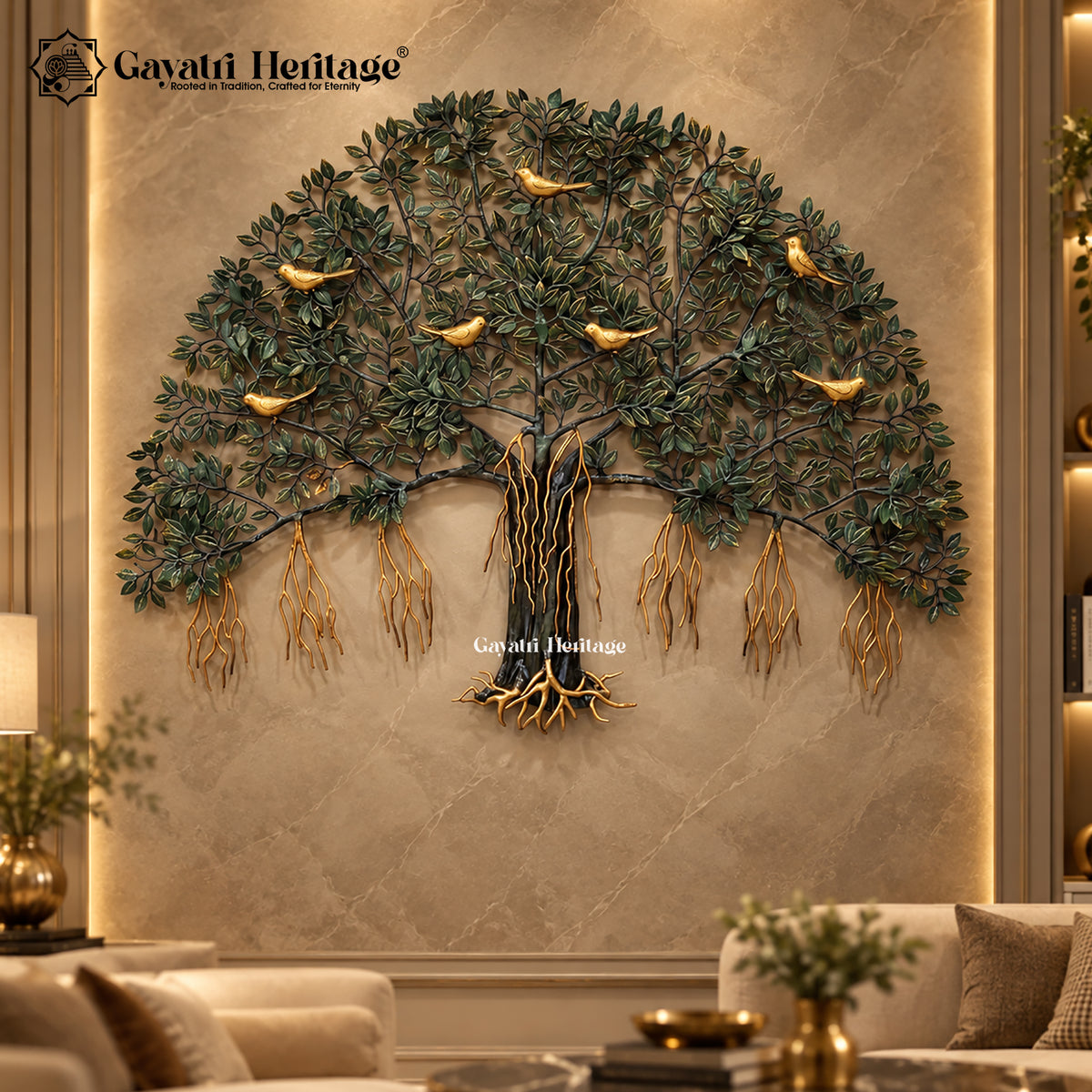 Brass Kalpvriksh Tree of Life Wall Art, Large 48 Inch Tree Wall Sculpture, Golden Birds, Green Gold Indian Luxury Decor