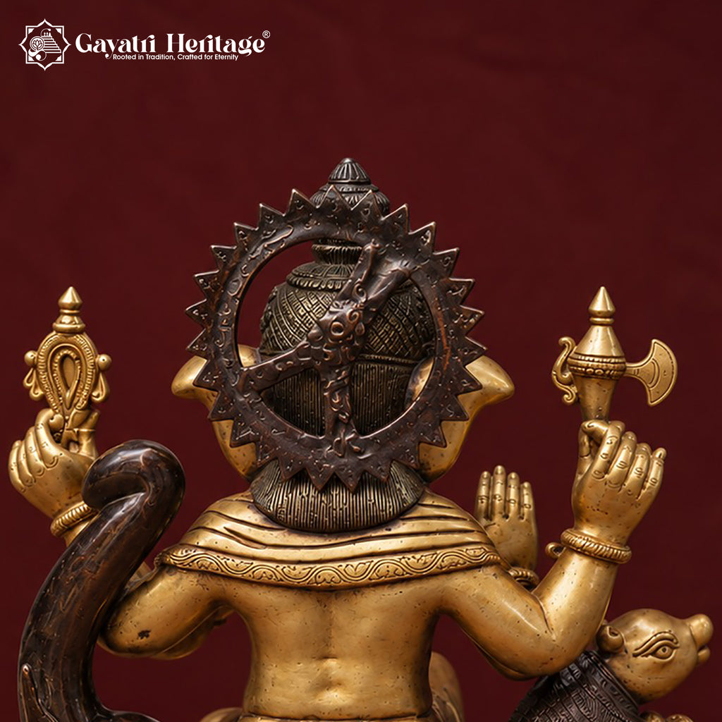Brass Ganesha Statue with Mouse, Dual Tone Antique Finish Ganpati Idol, Handcrafted Hindu God Murti for Home Mandir