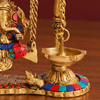 Brass Ganesha Jhula with Stone Inlay & Temple Bells, Handcrafted Ganesh Swing Idol, Diwali Pooja & Home Decor