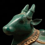 Brass Nandi Statue | Green Patina Finish with Ornate Saddle Cloth | Shiva Vahana (9.5 Inch)