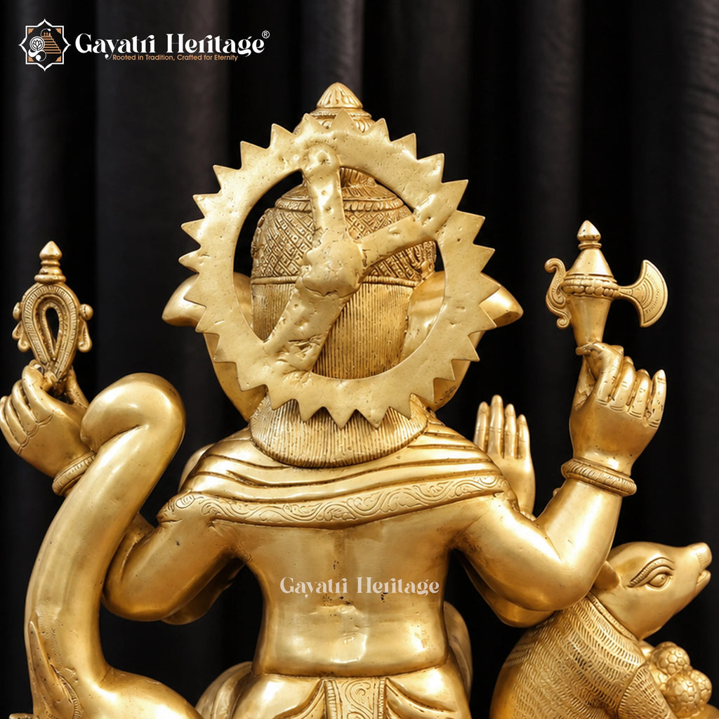 Brass Ganesha Statue with Mushak Mouse & Laddoo Bowl – Handcrafted Ganpati Idol for Home Mandir & Pooja Decor
