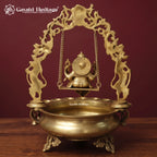 Brass Ganesha Swing Urli Bowl with Diyas & Bells, Handcrafted Ganesh Pooja Decor, Diwali Home Temple Decoration