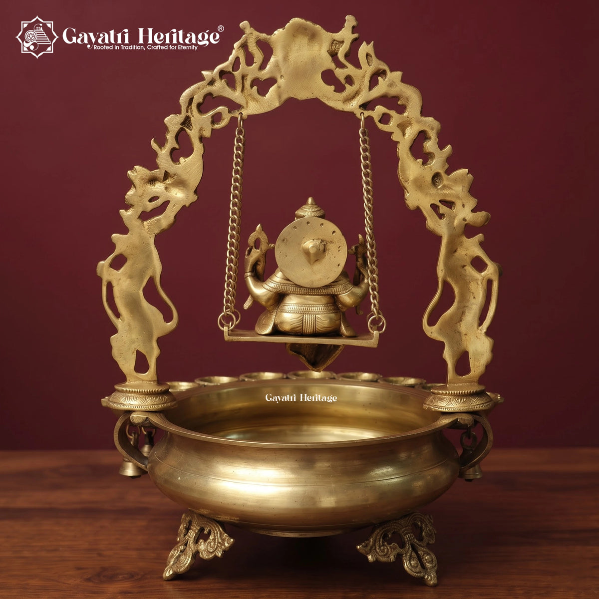 Brass Ganesha Swing Urli Bowl with Diyas & Bells, Handcrafted Ganesh Pooja Decor, Diwali Home Temple Decoration