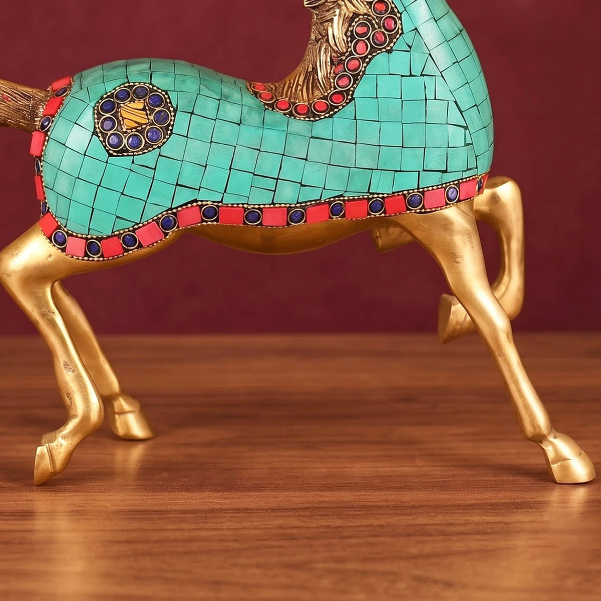 Brass Horse Statue with Stone Inlay, Handmade Prancing Horse Figurine, Indian Vastu Decor, Home & Office Decoration
