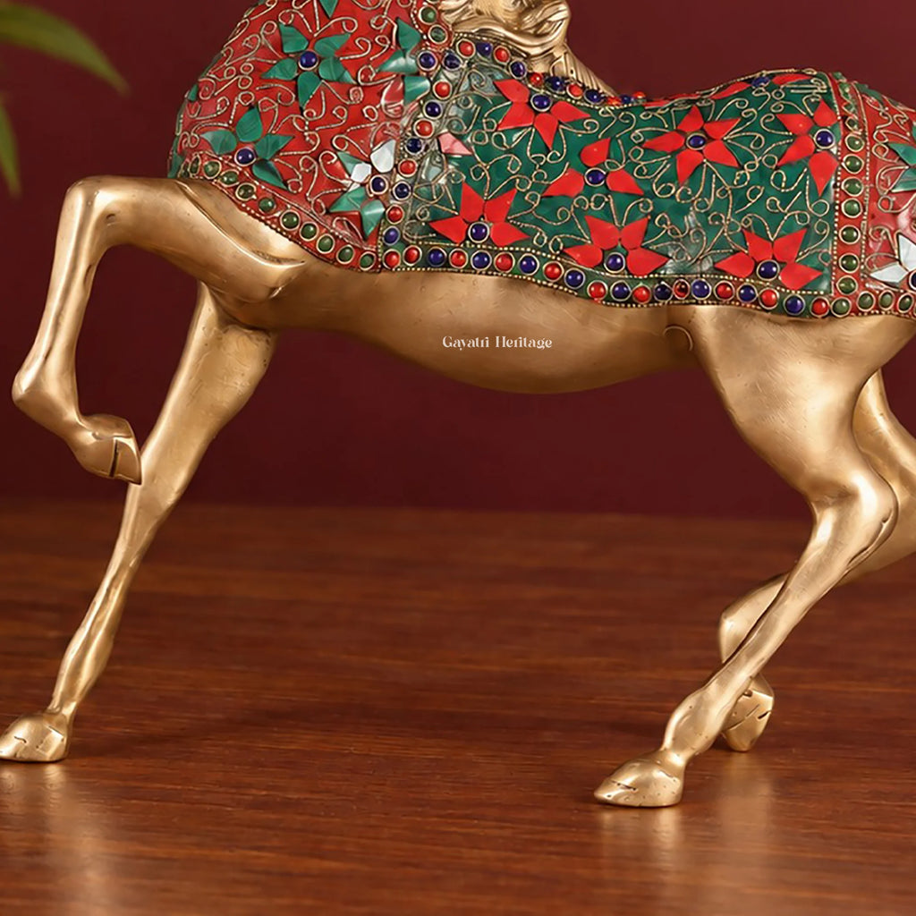 Brass Horse Statue with Red Floral Stone Inlay – Handmade Prancing Horse Sculpture