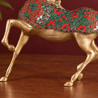 Brass Horse Statue with Red Floral Stone Inlay – Handmade Prancing Horse Sculpture