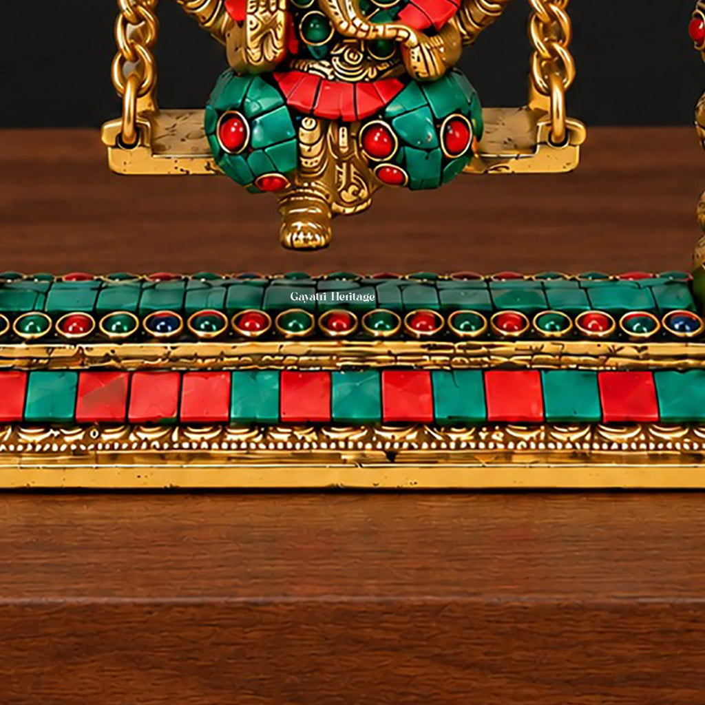 Brass Ganesha Jhula with Stone Inlay & Temple Bells, Handcrafted Ganesh Swing Idol, Pooja & Home Temple Decor