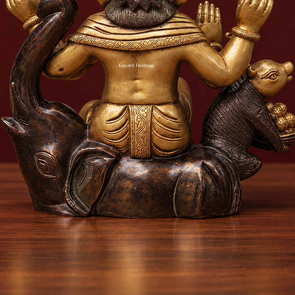 Brass Ganesha Statue with Mouse, Dual Tone Antique Finish Ganpati Idol, Handcrafted Hindu God Murti for Home Mandir