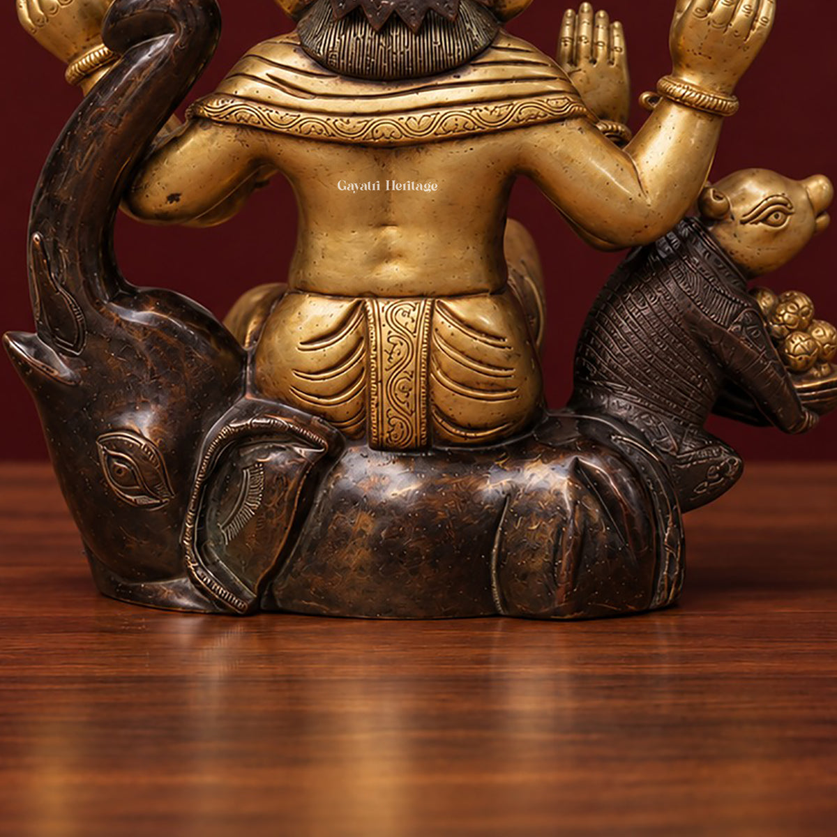 Brass Ganesha Statue with Mouse, Dual Tone Antique Finish Ganpati Idol, Handcrafted Hindu God Murti for Home Mandir
