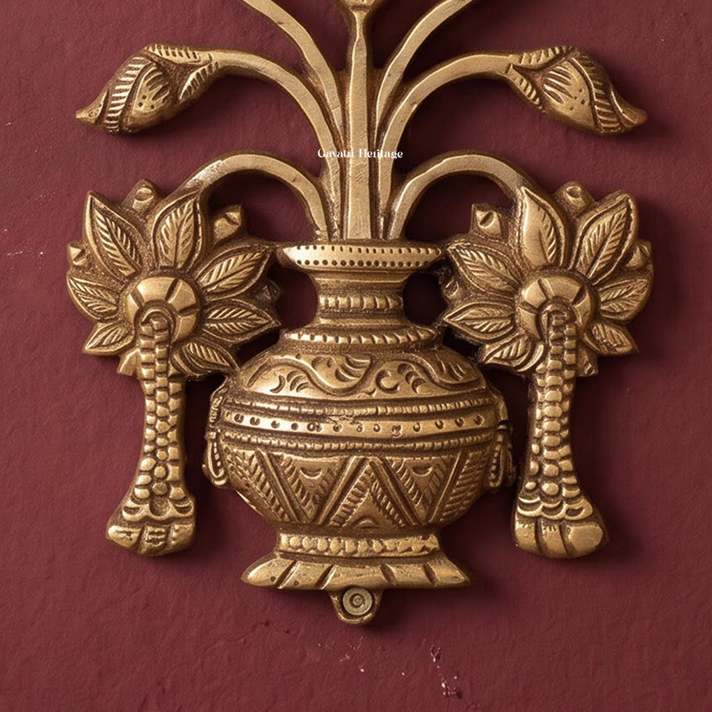Brass Peacock with Lotus Flower Kalash Wall Hanging – Traditional Indian Wall Decor, Vastu Showpiece & Pooja Room Decoration