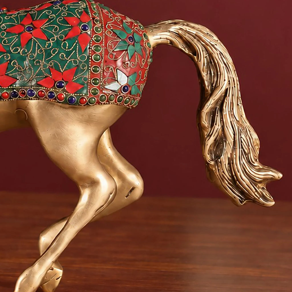 Brass Horse Statue with Red Floral Stone Inlay – Handmade Prancing Horse Sculpture