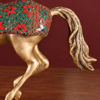Brass Horse Statue with Red Floral Stone Inlay – Handmade Prancing Horse Sculpture