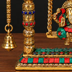 Brass Ganesha Jhula with Stone Inlay & Temple Bells, Handcrafted Ganesh Swing Idol, Pooja & Home Temple Decor