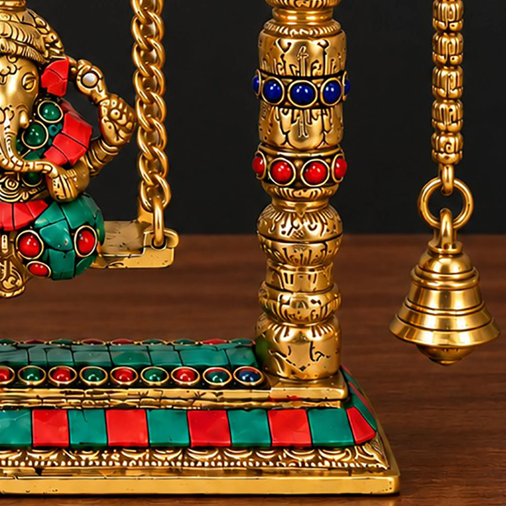 Brass Ganesha Jhula with Stone Inlay & Temple Bells, Handcrafted Ganesh Swing Idol, Pooja & Home Temple Decor