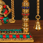 Brass Ganesha Jhula with Stone Inlay & Temple Bells, Handcrafted Ganesh Swing Idol, Pooja & Home Temple Decor