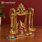Brass Ganesha Jhula with Stone Inlay & Temple Bells, Handcrafted Ganesh Swing Idol, Diwali Pooja & Home Decor