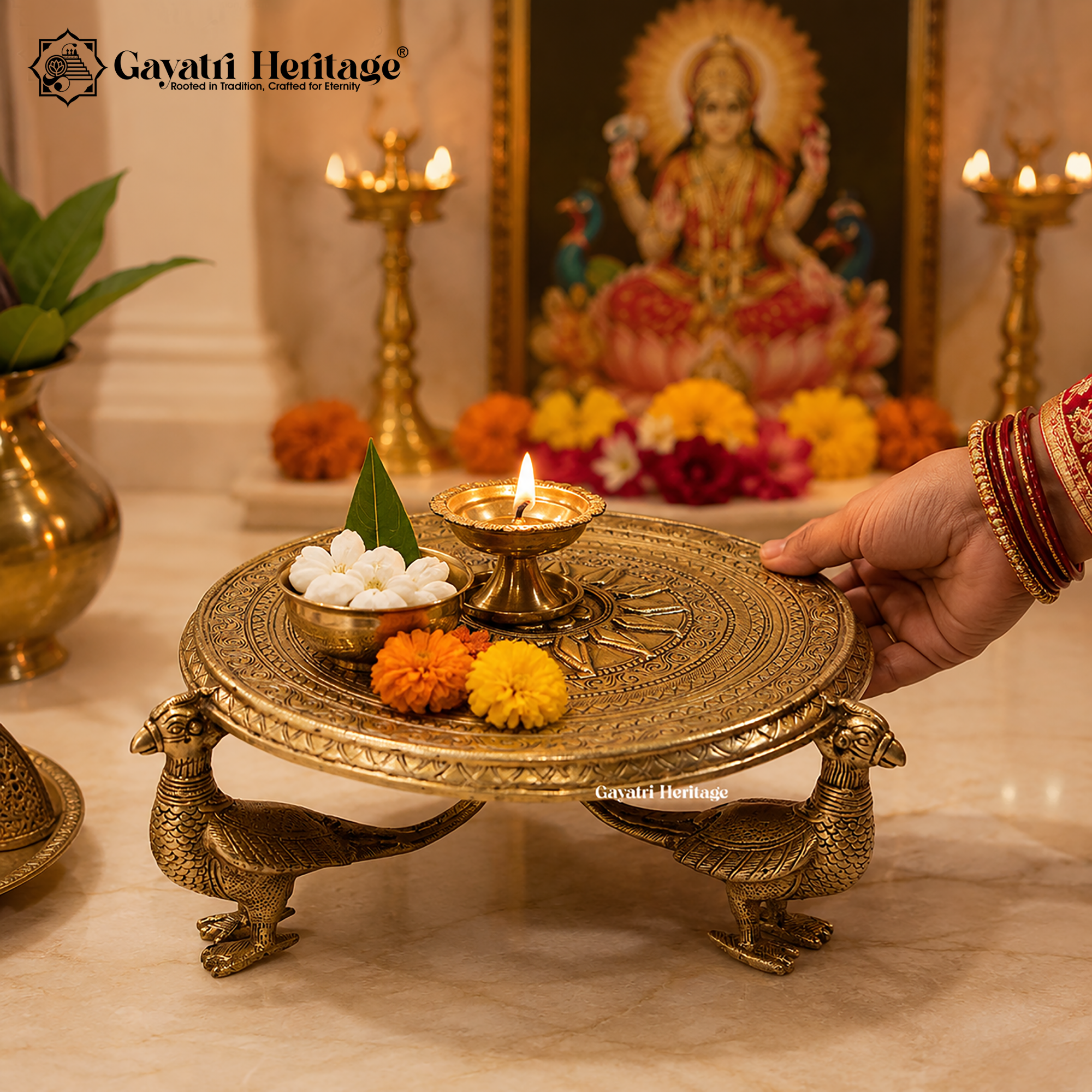 Brass Chowki with Peacock Pillars – Traditional Divine Décor | Gayatri Heritage