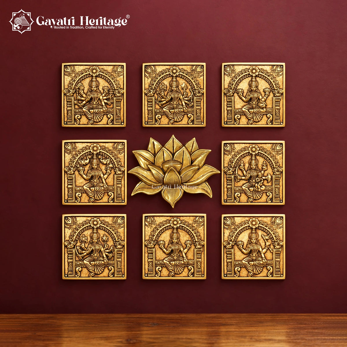 Brass Ashtalakshmi Wall Hanging Set | 9 Piece Lotus Panel | Eight Forms of Goddess Lakshmi Wall Decor