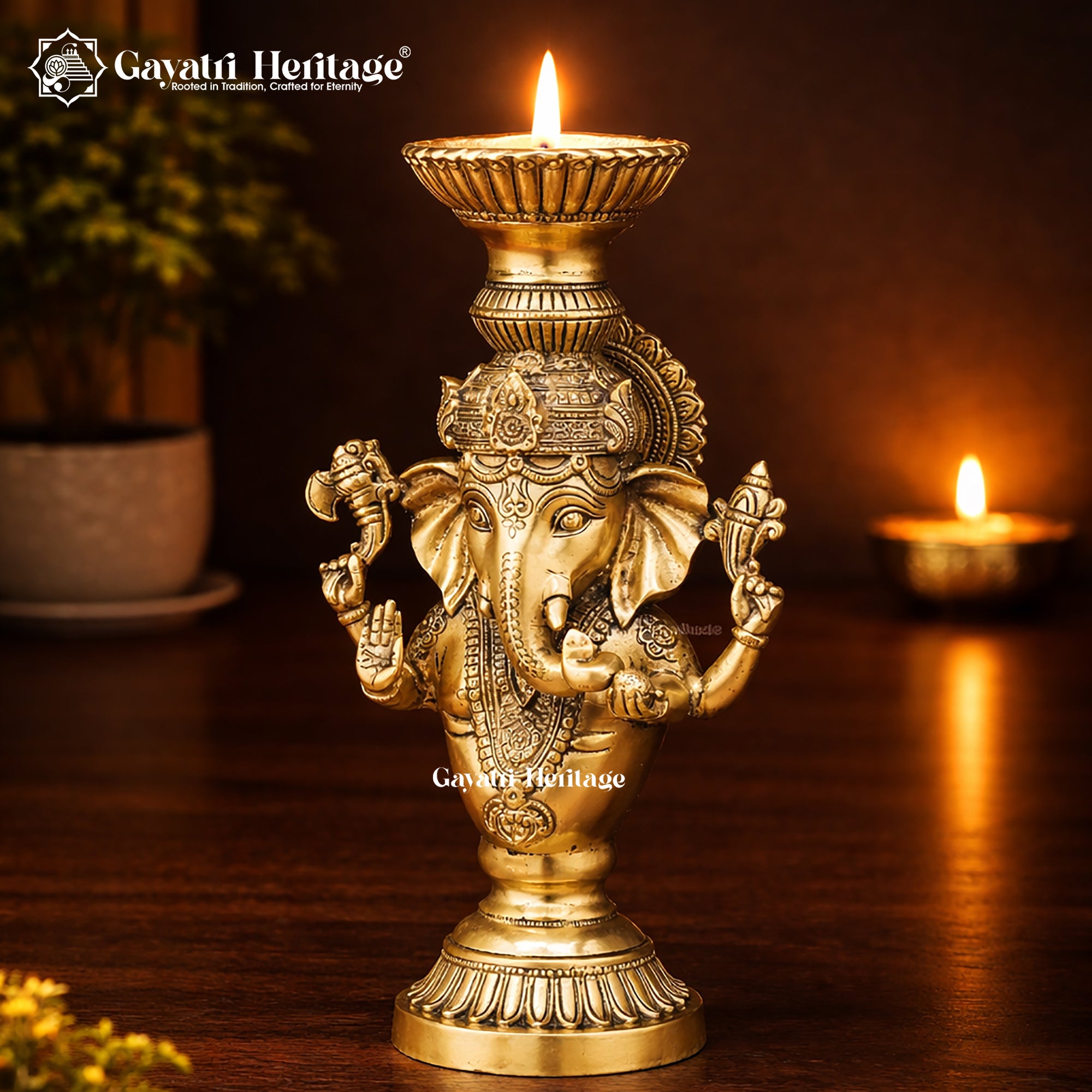 Brass Ganesh Candle Stand – Elegant Lighting Décor | Gayatri Heritage