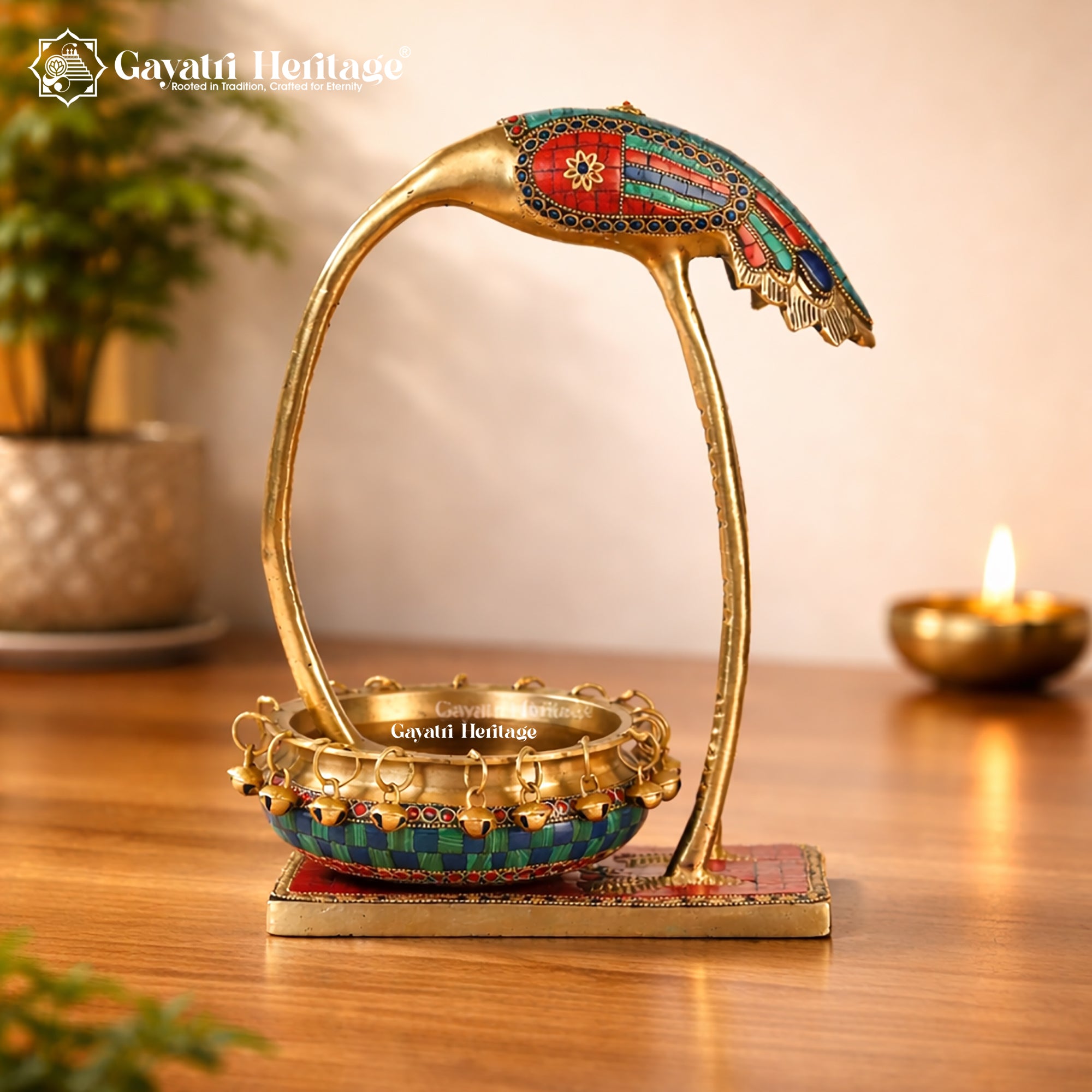 Brass Flamingo with Urli – Elegant Home Decor | Gayatri Heritage