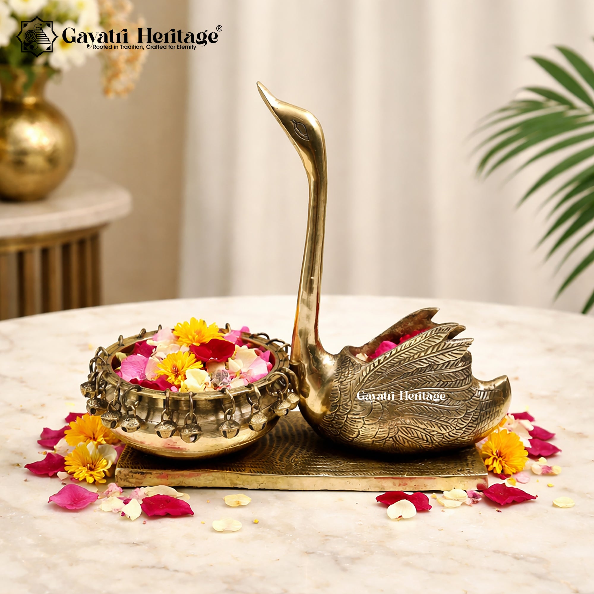 Brass Swan with Urli – Elegant Decorative Bowl | Gayatri Heritage