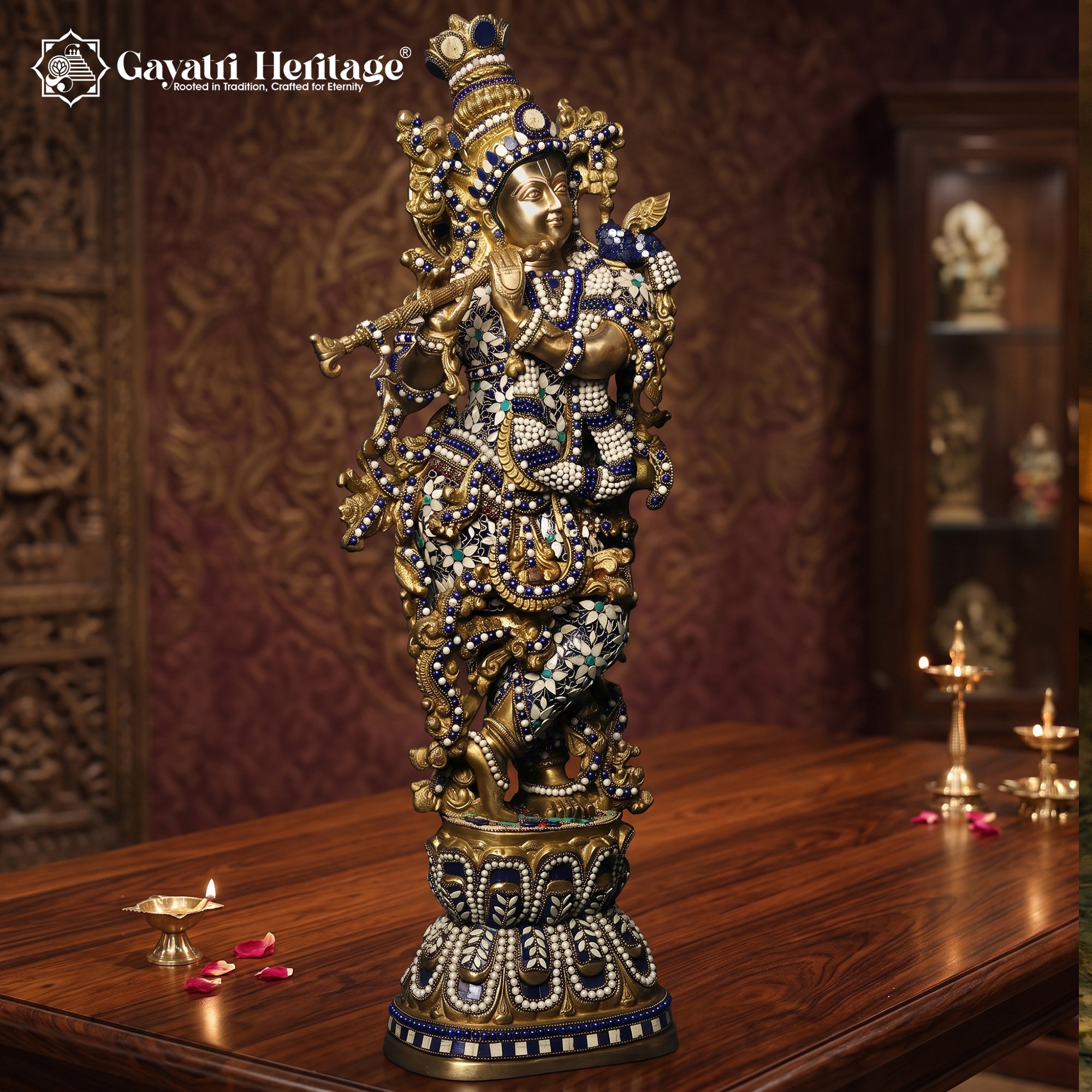 29" Krishna Brass Statue – Flute Playing Idol Inlay Work | Gayatri Heritage