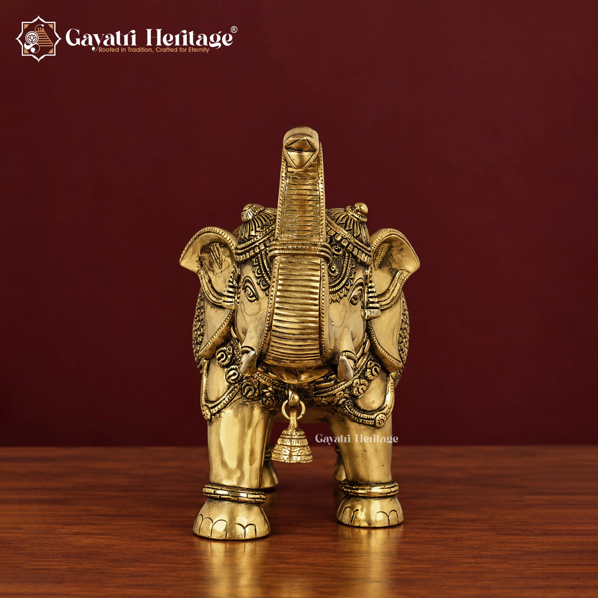 Brass Elephant Figurine with Bell, Upraised Trunk Elephant Statue, Traditional Indian Brass Decor, Lucky Elephant Gift, Home Office Decor