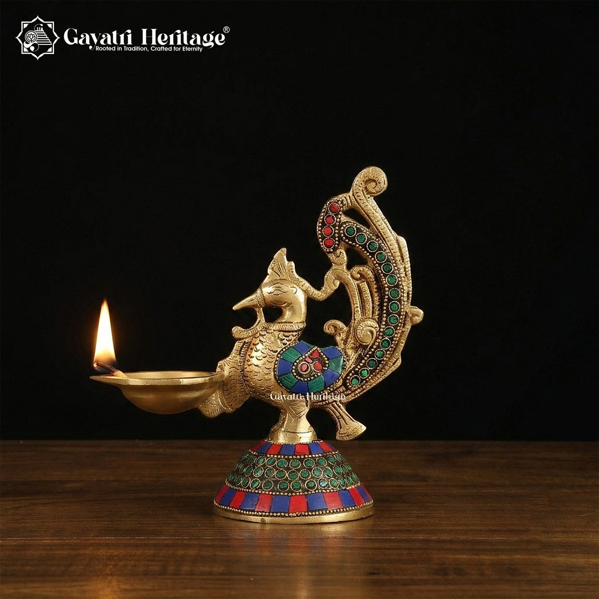 Brass Peacock Diya in Stone Work – Elegant Lighting Decor | Gayatri Heritage