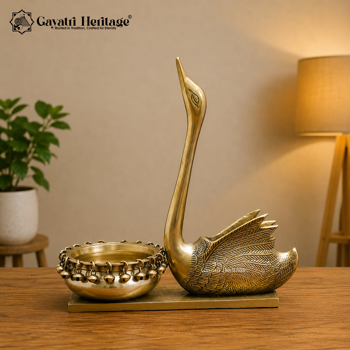 Brass Swan With Urli, 13 inch, handcrafted by Gayatri Heritage