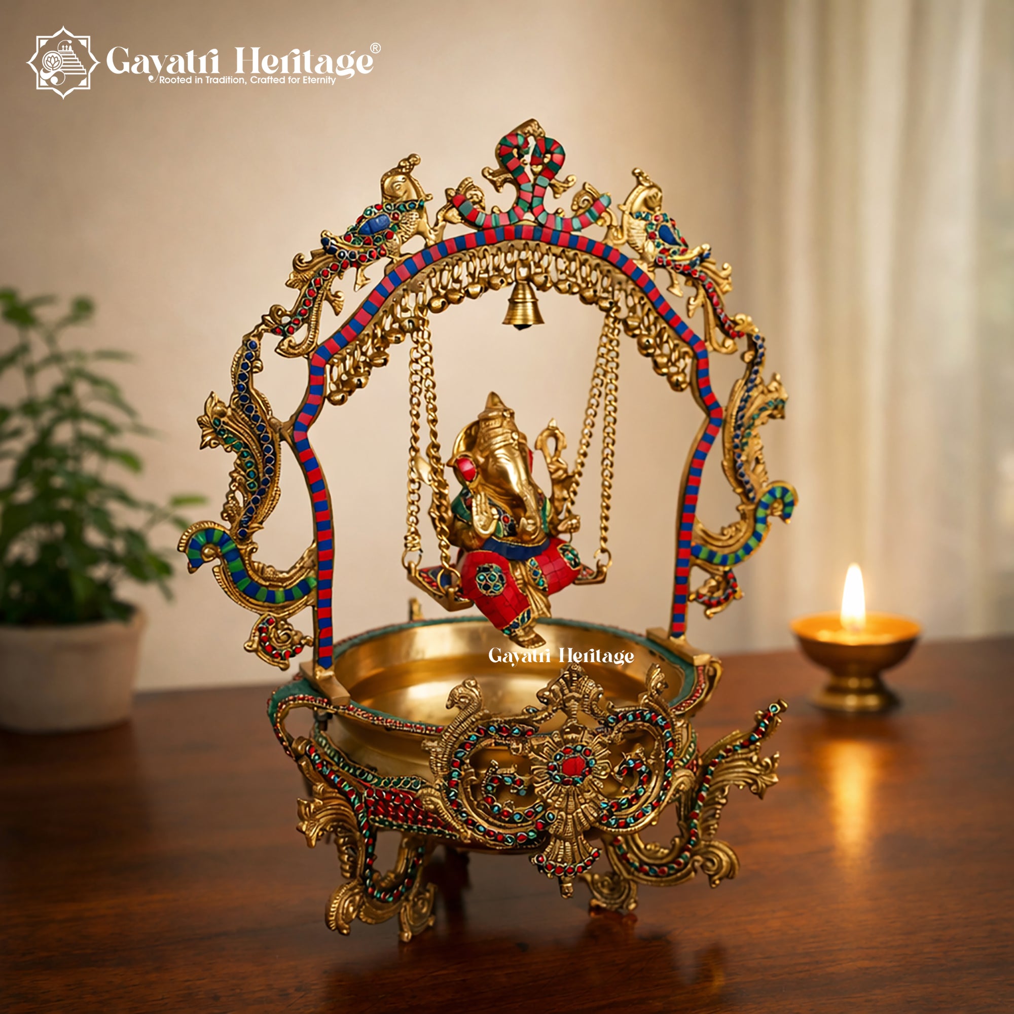 Brass Ganesh Urli with Stone Work – Exquisite Traditional Decor
