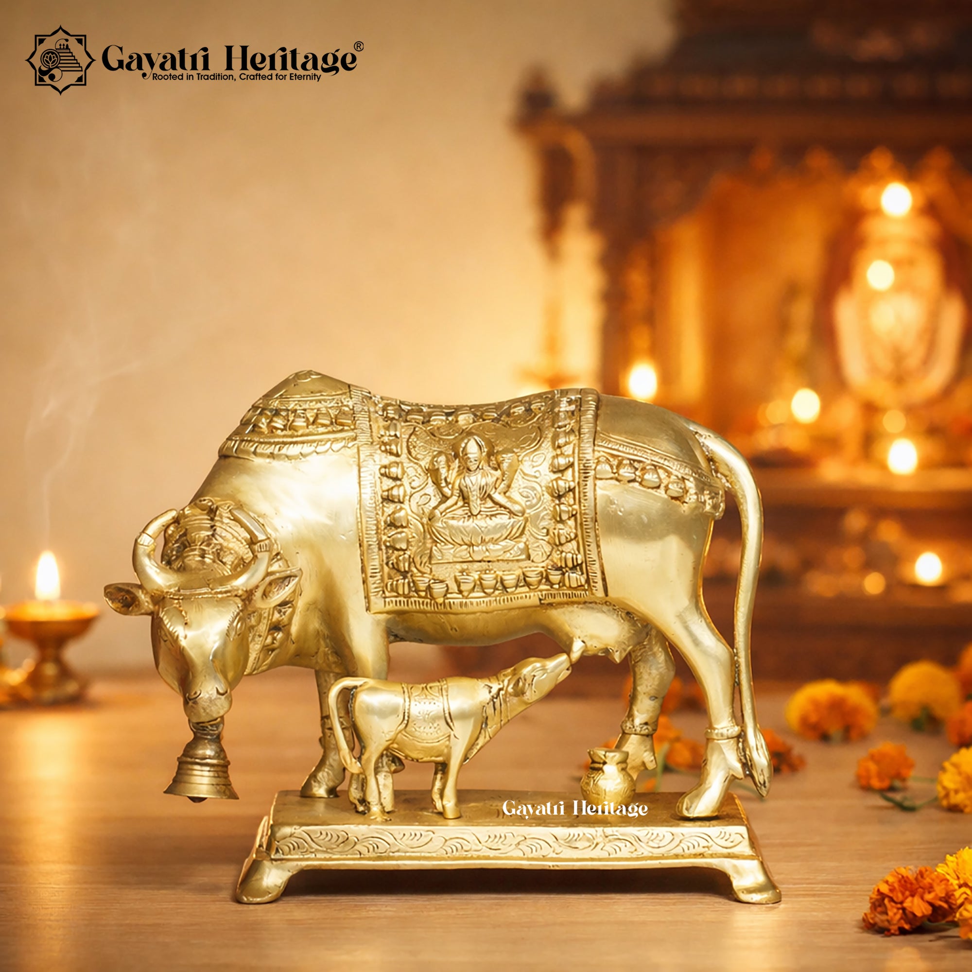 Brass Cow and Calf – Sacred Kamdhenu Idol for Home | Gayatri Heritage