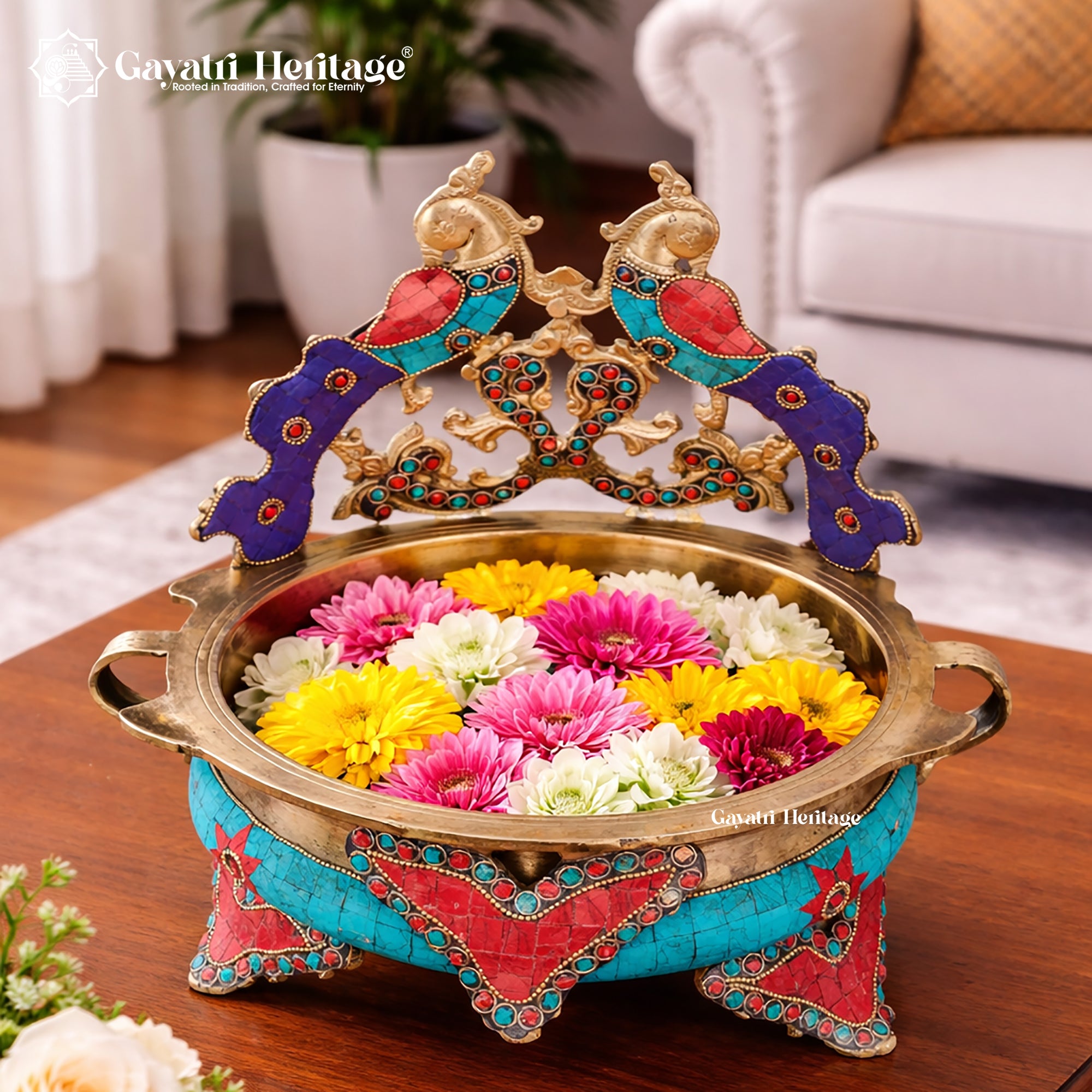 Brass Double-Sided Peacock Design Urli – Elegant Traditional Decor