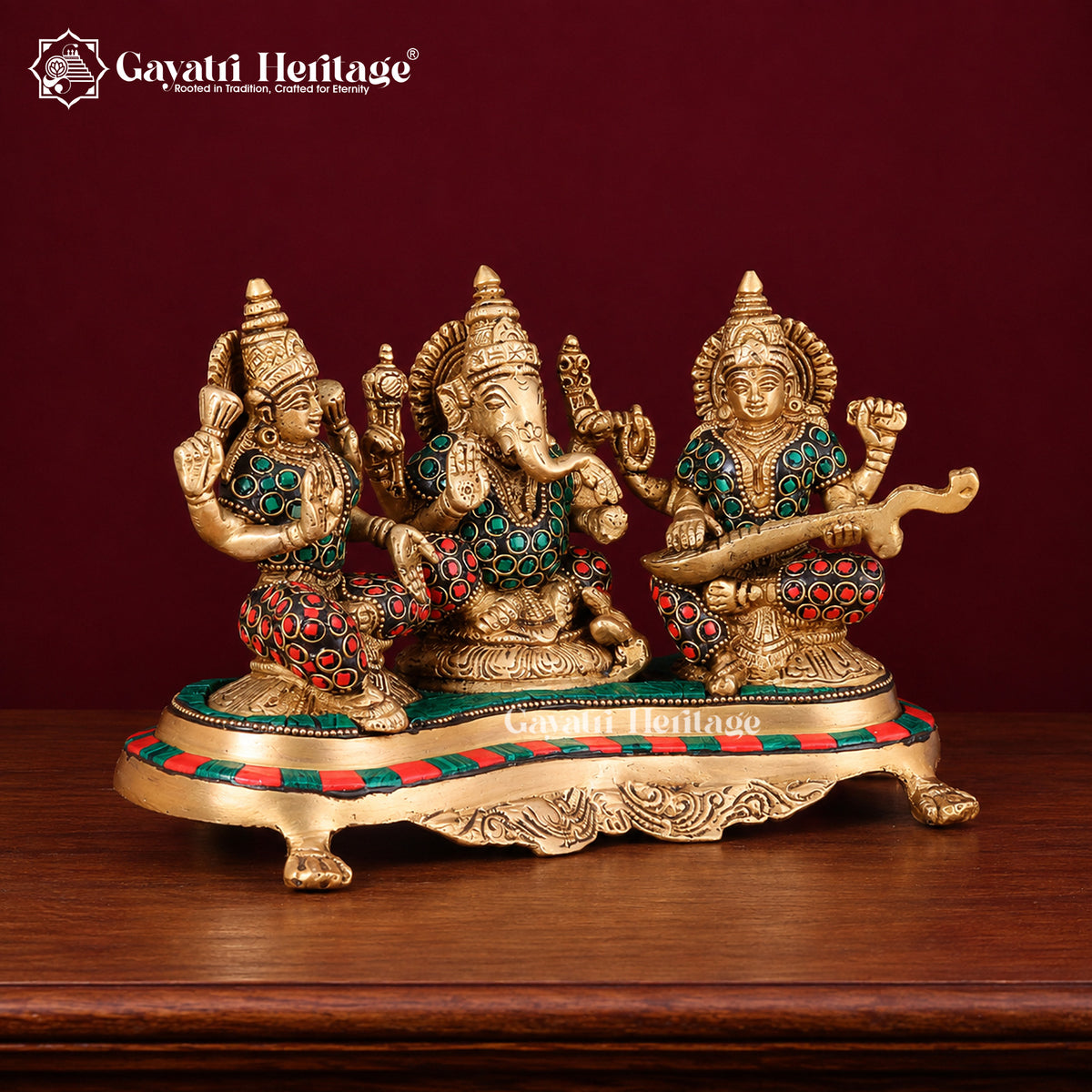 Brass Ganesh, Lakshmi, Saraswati Idols – Divine Trio for Blessings | Gayatri Heritage