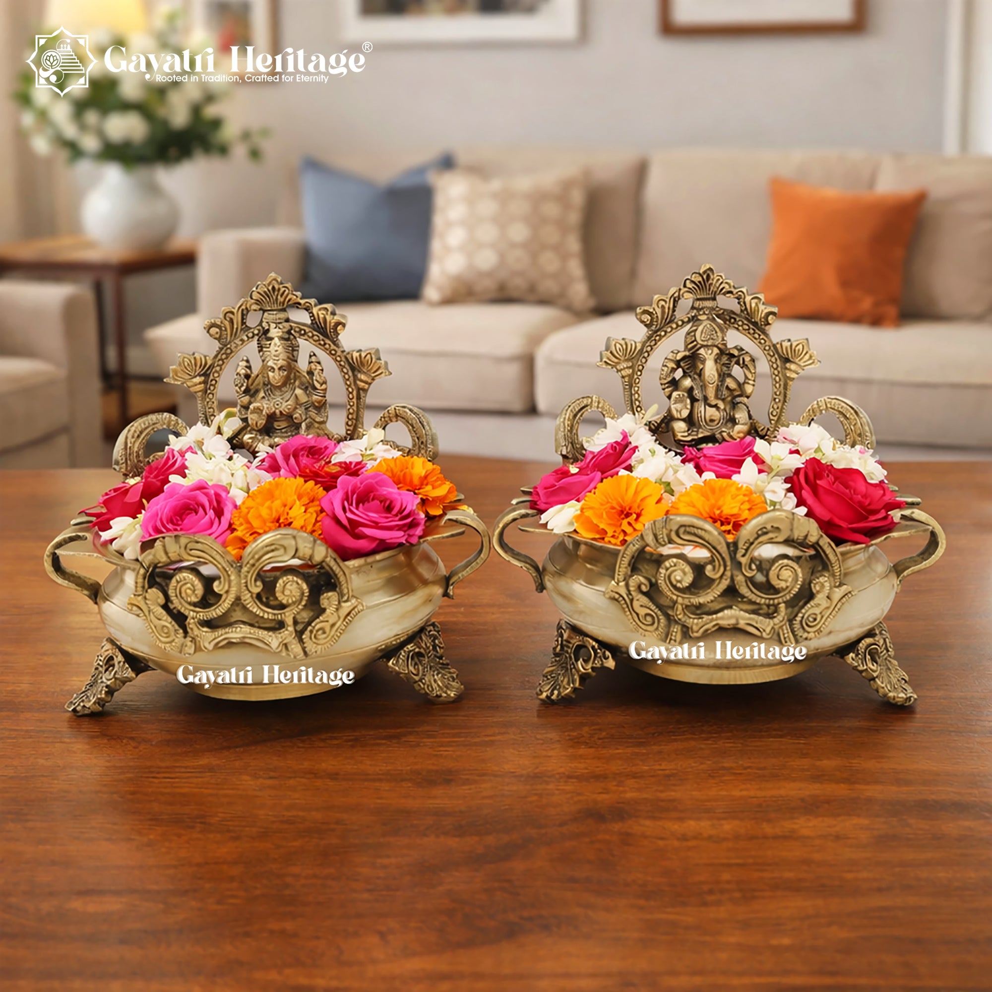 Brass Ganesh Lakshmi Urli Set – Divine Festive Decor