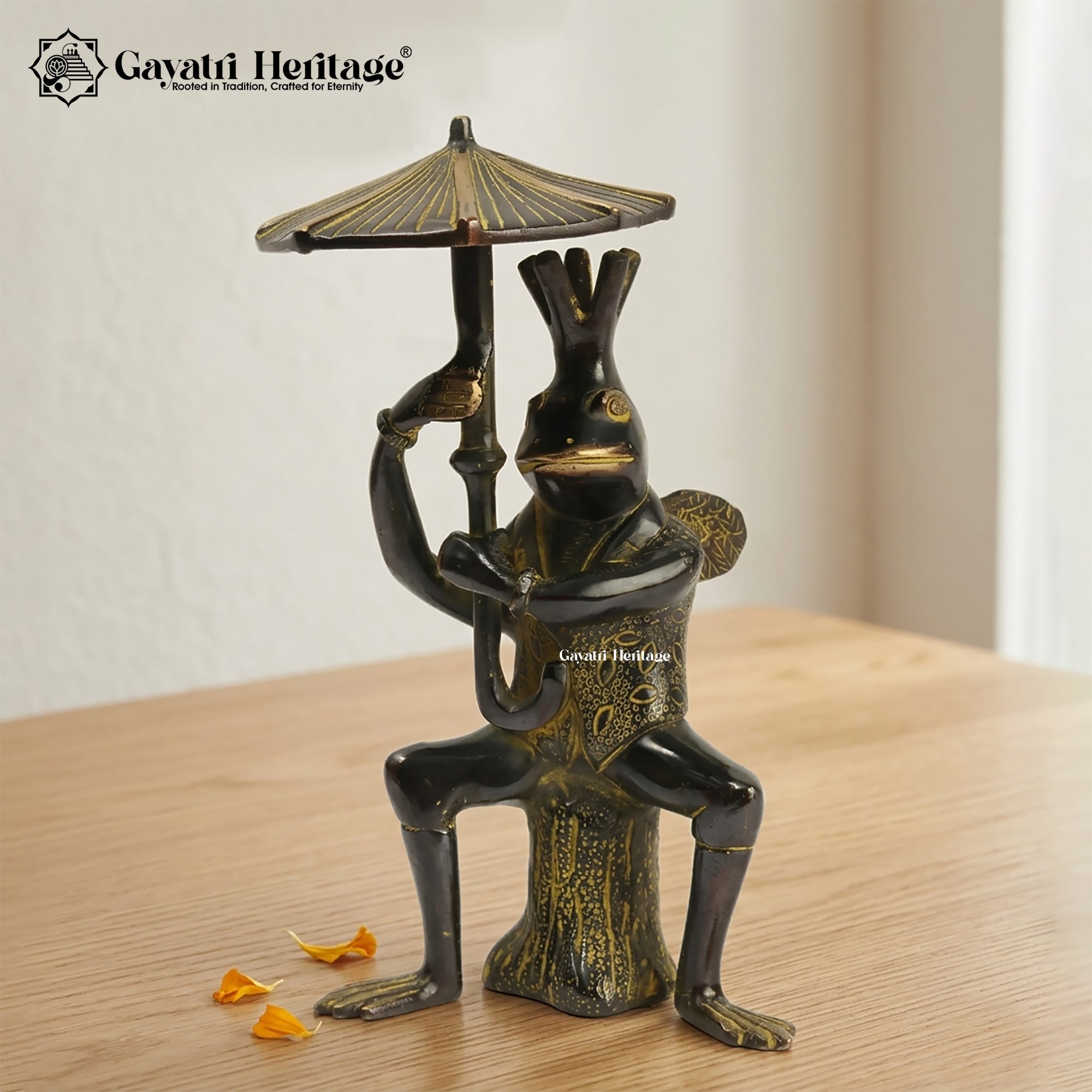 Brass Frog with Umbrella – Quirky Home Decor Showpiece | Gayatri Heritage