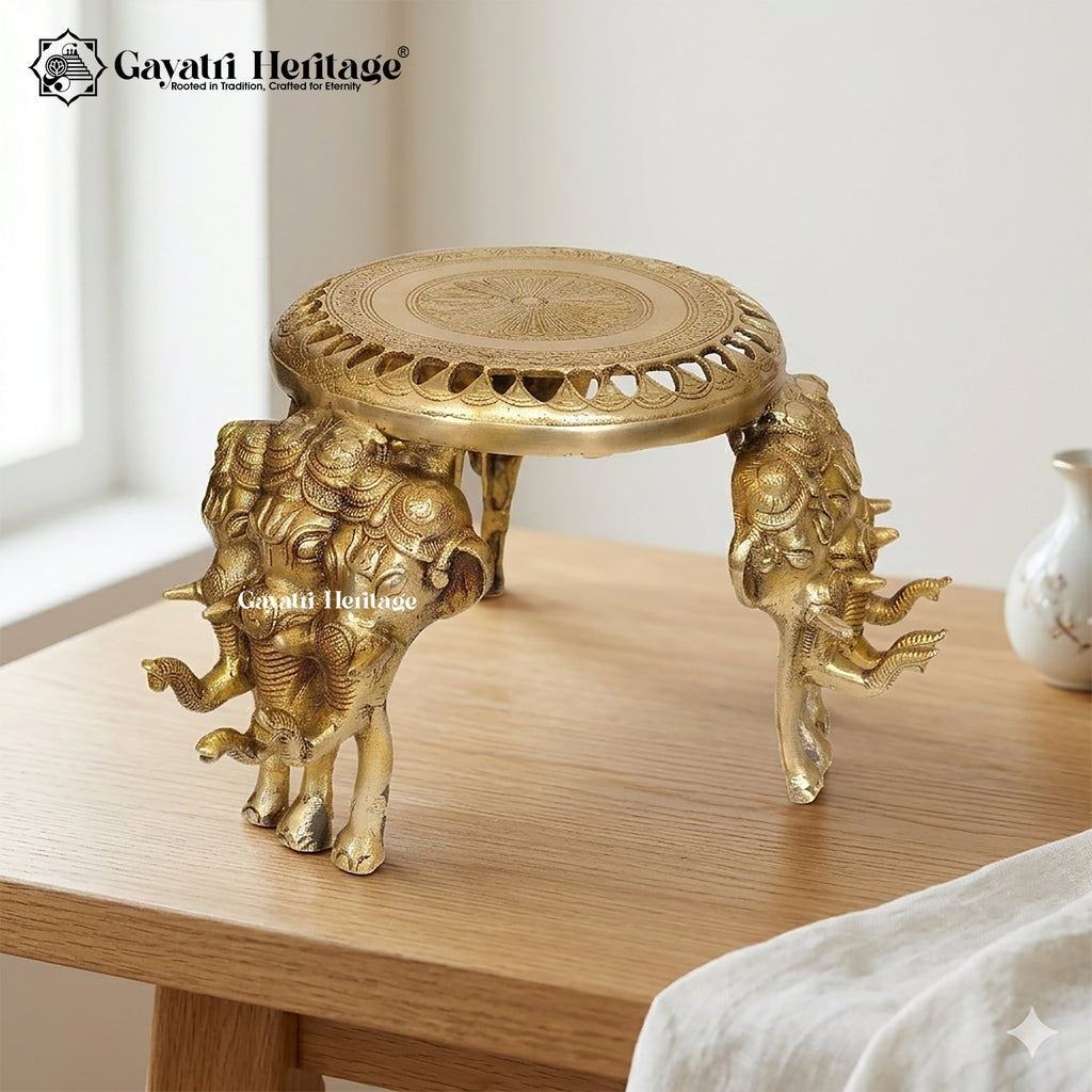 Brass Elephant Pillar Chowki – Decorative Puja Stand | Gayatri Heritage