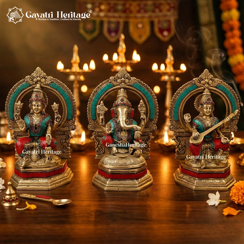 Traditional Brass Laxmi Ganesh Saraswati Idols in Stone work – Divine Trio for Prosperity, Wisdom, and Harmony | Gayatri Heritage