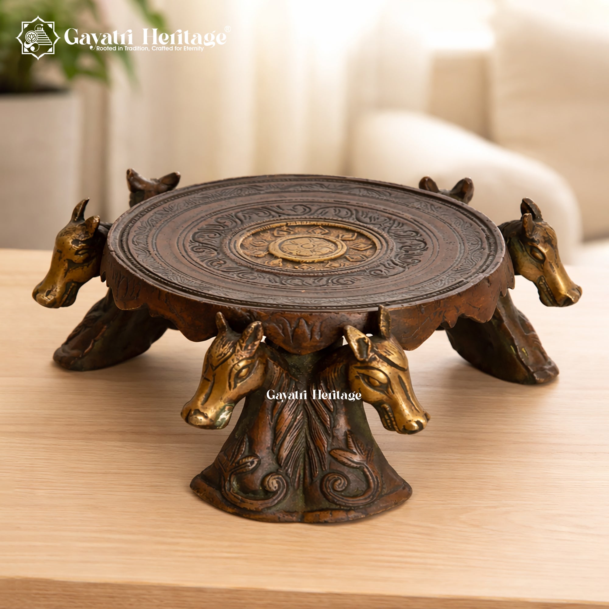 Brass Chowki with Horse Pillar – Royal Decor Stand | Gayatri Heritage