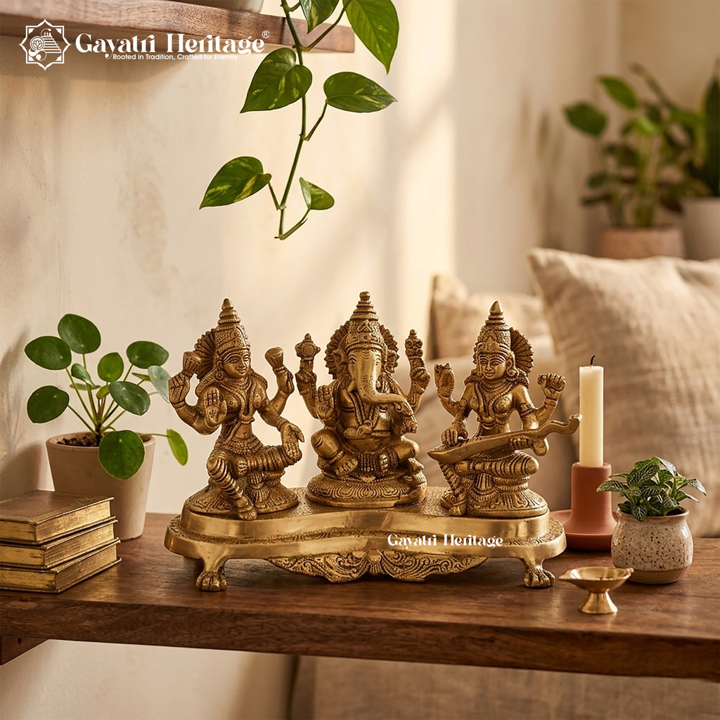 Brass Ganesh Laxmi Saraswati – Divine Trio Idol Set | Gayatri Heritage