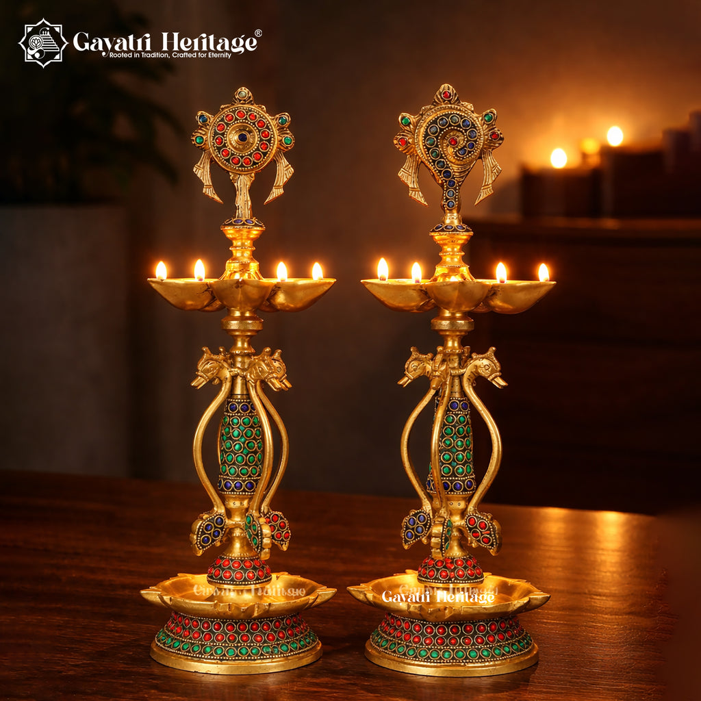 Brass Shankh Chakra Lamp Pair – Auspicious Diya Set | Gayatri Heritage