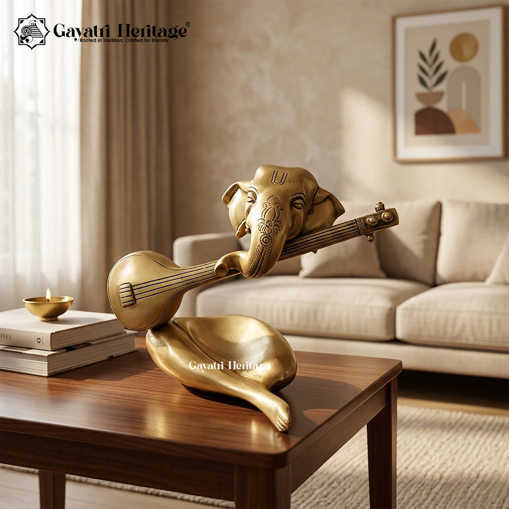 Brass Sitar Ganesha – Elegant Fusion of Music and Divinity | Gayatri Heritage