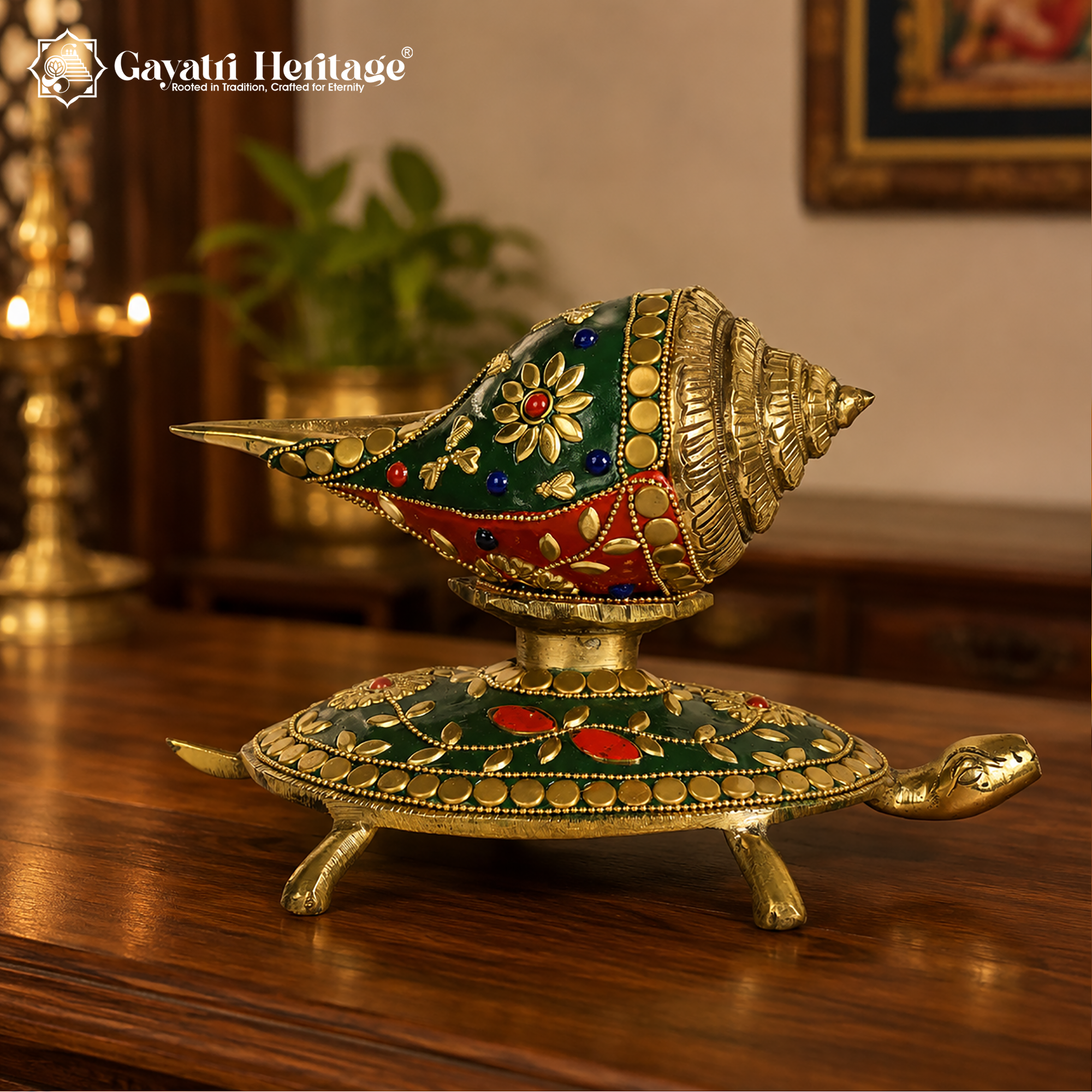 Brass Turtle with Shankh – Auspicious Stone Art Decor | Gayatri Heritage