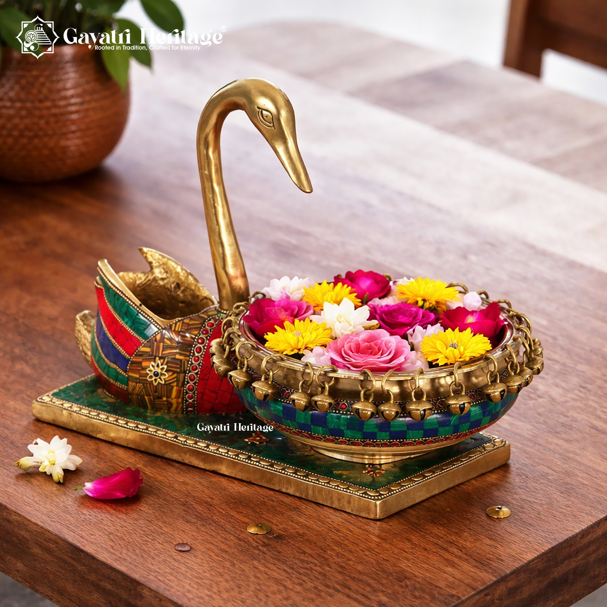 Brass Swan with Bowl in Stone Work – Exquisite Decor | Gayatri Heritage