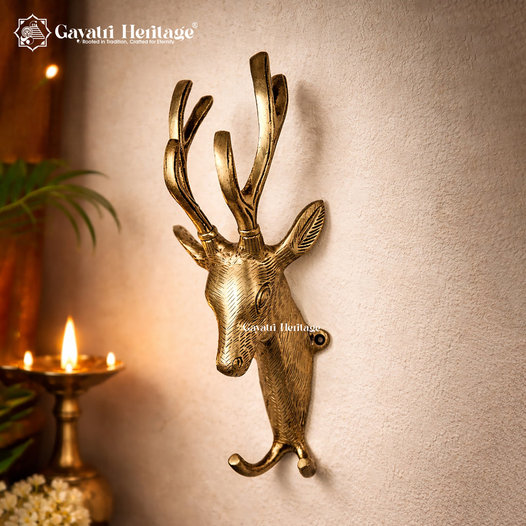 Brass Wall Hanging Deer Face – Elegant Design with Two Hooks | Gayatri Heritage