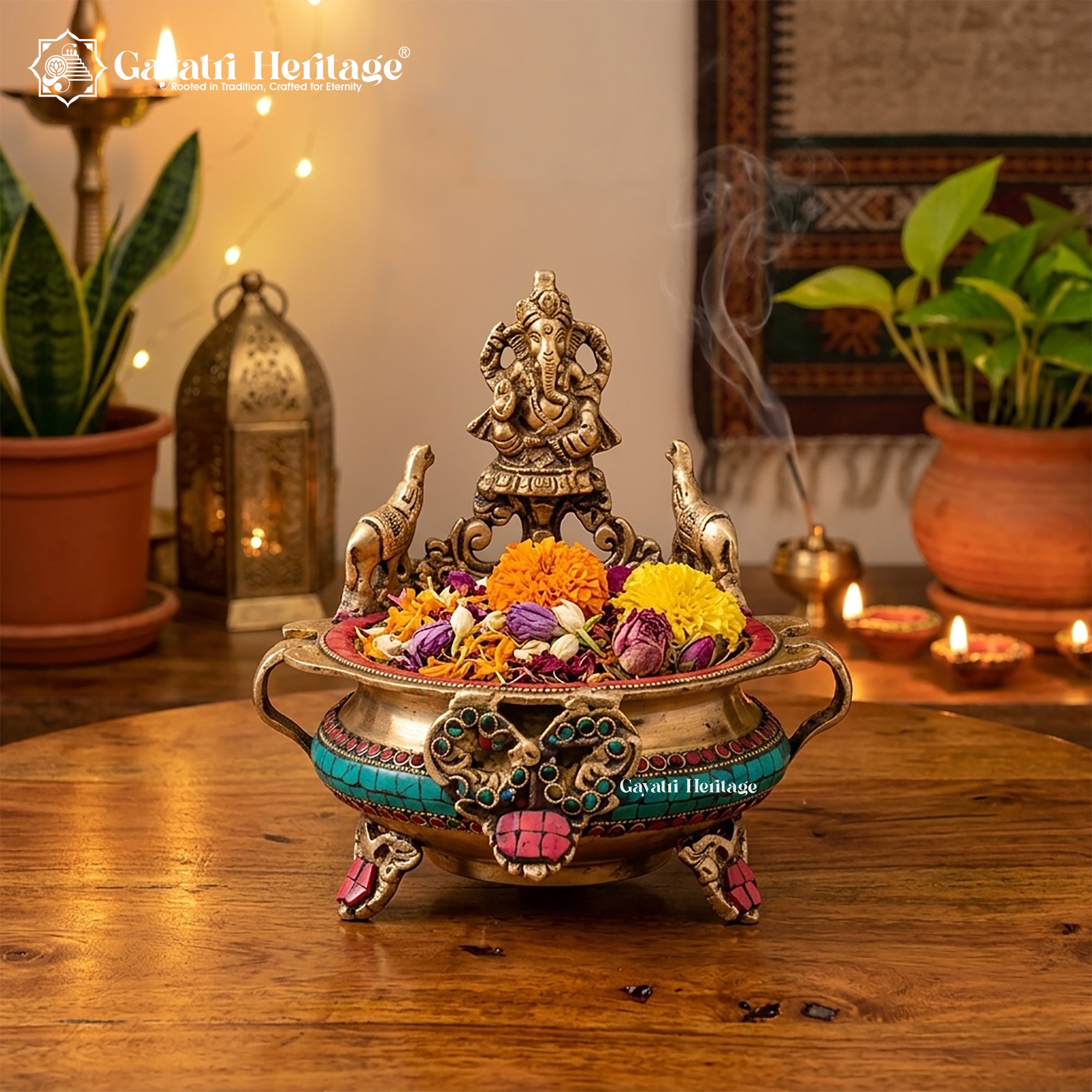 Brass Ganesha Urli with Stone Work – Sacred Tradition & Elegance | Gayatri Heritage