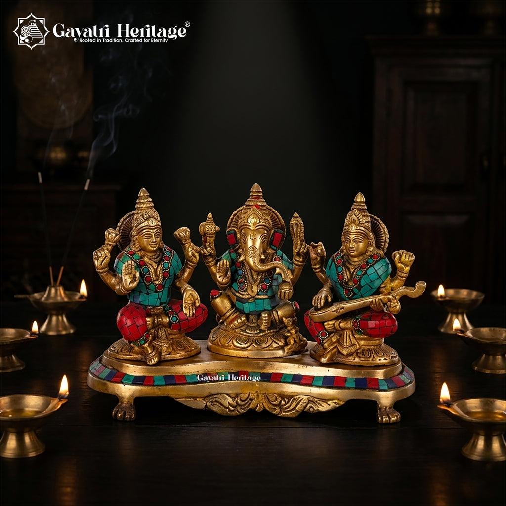 Brass Ganesh Laxmi Saraswati Idols – Divine Blessings on Base | Gayatri Heritage