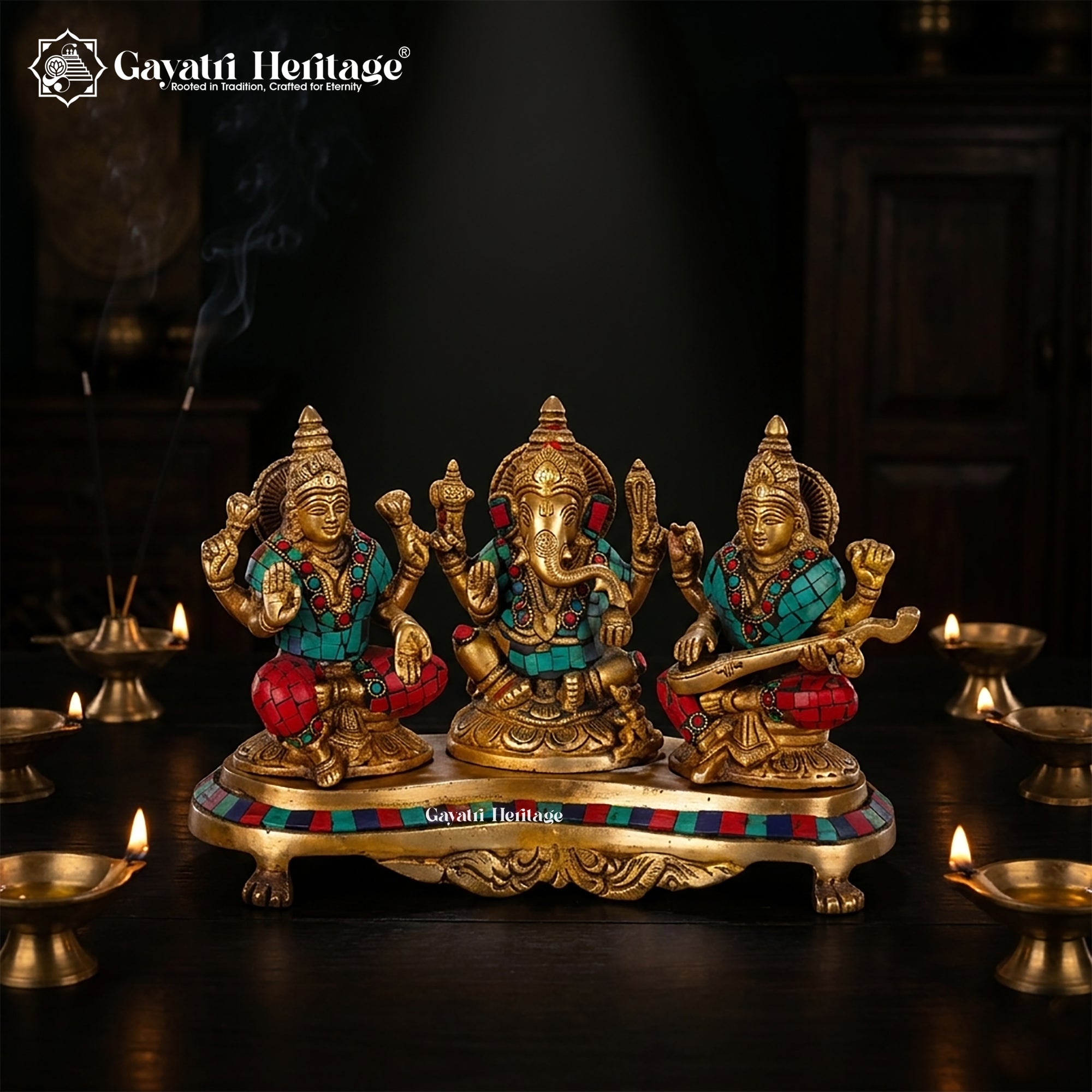 Brass Ganesh Laxmi Saraswati Idols – Divine Blessings on Base | Gayatri Heritage