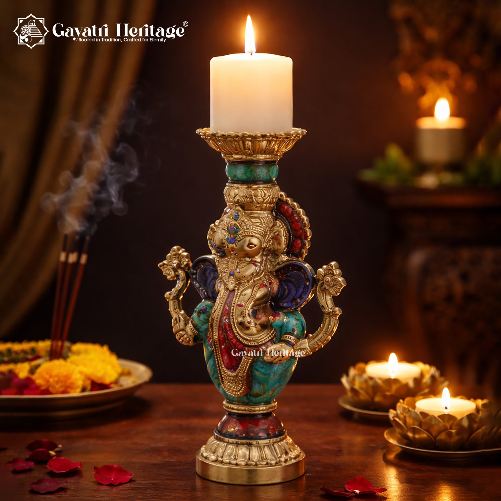 Brass Ganesha Candle Stand – Divine Lighting Decor | Gayatri Heritage