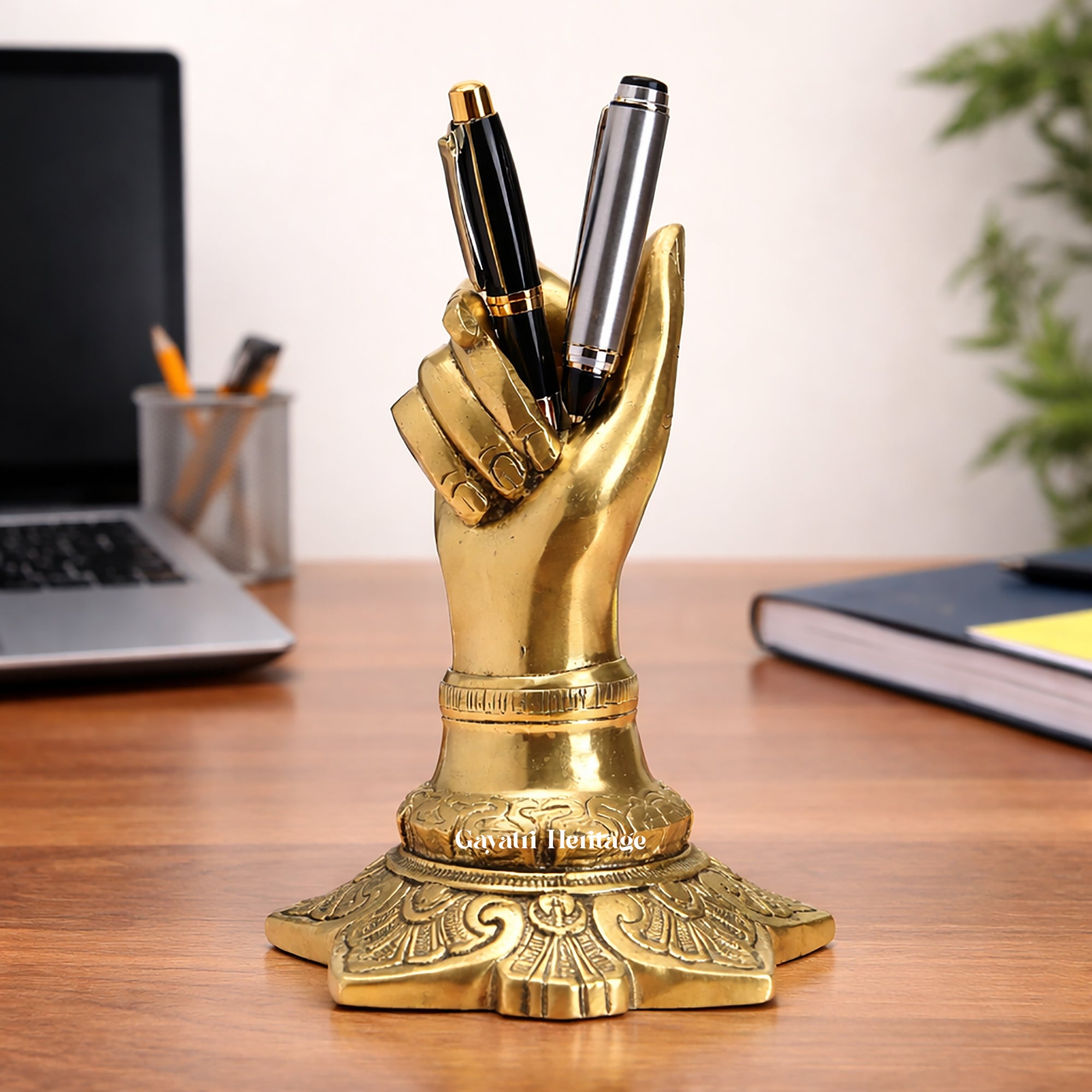 Brass Hand Design Pen Holder – Elegant Desk Accessory | Gayatri Heritage